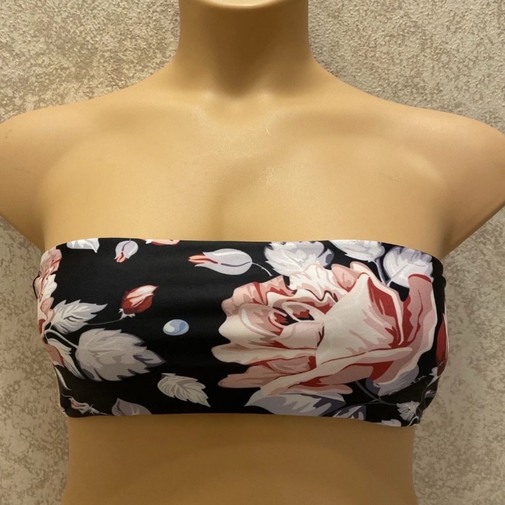 SHEIN Black and Pink Floral Bandeau Bikini
